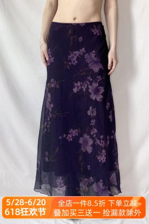 Purple Floral Mesh Long Skirt - Women's Retro Chinese Style Low Waist Vintage Maxi Skirt, Y2K Inspired Fashion