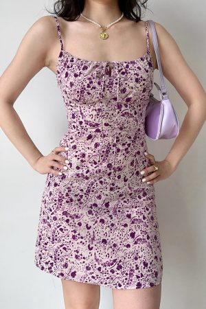 Purple Floral Spaghetti Strap Dress for Women - Sexy A-Line Short Skirt, Summer Waist-Cinched Style, European American Fashion