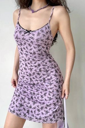 Purple Floral Spaghetti Strap Dress for Women - Summer Slim Fit Backless Dress in European & American Style, Trendy Y2K Fashion