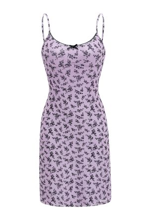 Purple Floral Spaghetti Strap Dress for Women - Summer Slim Fit Backless Dress in European & American Style, Trendy Y2K Fashion