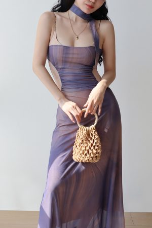 Purple Off-Shoulder Sling Dress for Women - French Vacation Style Island Oil Painting Design, Sexy Slim Fit Long Dress