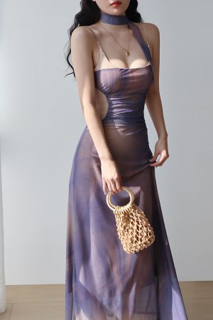 Purple Off-Shoulder Sling Dress for Women - French Vacation Style Island Oil Painting Design, Sexy Slim Fit Long Dress