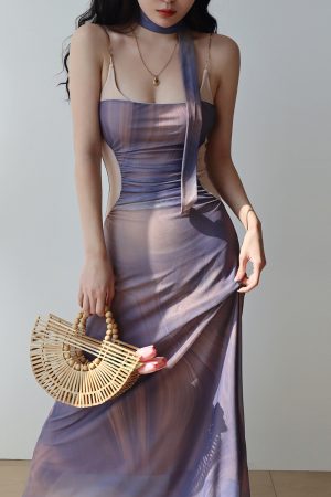 Purple Off-Shoulder Sling Dress for Women - French Vacation Style Island Oil Painting Design, Sexy Slim Fit Long Dress