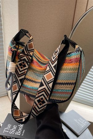 Rainbow Straw Woven Bag for Women - Large Capacity Beach Crossbody Dumpling Bag for Summer Commuting and Vacation