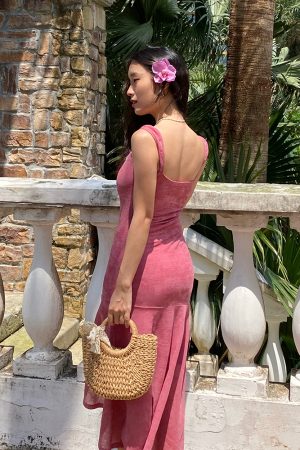 Raspberry Jacquard Diagonal Strap Dress - Vintage Slim-Fit Tank Dress in French Style, 90s Inspired Fashion