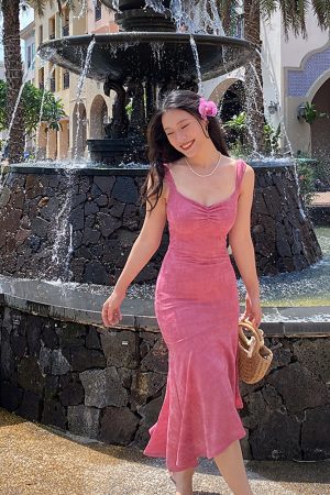 Raspberry Jacquard Diagonal Strap Dress - Vintage Slim-Fit Tank Dress in French Style, 90s Inspired Fashion