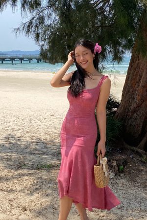 Raspberry Jacquard Diagonal Strap Dress - Vintage Slim-Fit Tank Dress in French Style, 90s Inspired Fashion