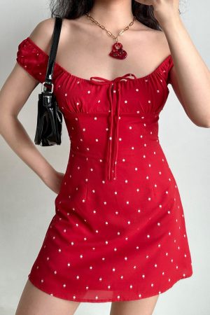 Red Floral Polka Dot Front Tie A-Line Dress - Slim Fit Short Skirt for Hot Girl Style, Inspired by European and American Fashion