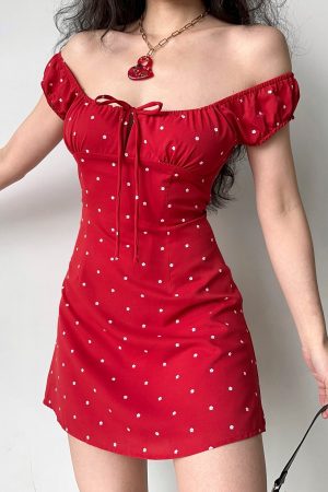 Red Floral Polka Dot Front Tie A-Line Dress - Slim Fit Short Skirt for Hot Girl Style, Inspired by European and American Fashion