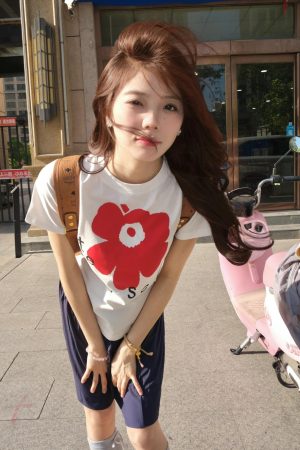 Red Floral Print Slim Fit Short Sleeve T-Shirt for Women - Casual American Style Pure Cotton Summer Top