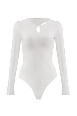 Red Hollow Out Round Neck Bodysuit for Women - Sexy Backless Long Sleeve Tight T-Shirt with Chest Pad - Y2K Fashion