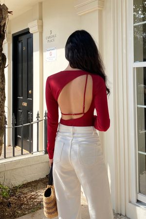 Red Hollow Out Round Neck Bodysuit for Women - Sexy Backless Long Sleeve Tight T-Shirt with Chest Pad - Y2K Fashion