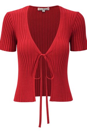 Red Knitted Cardigan for Women - Simple V-Neck, Short Sleeve, Tied Design - European and American Style, Perfect for Y2K Fashion