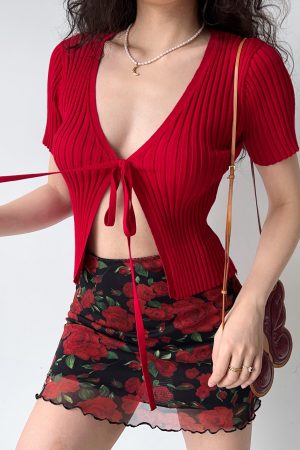 Red Knitted Cardigan for Women - Simple V-Neck, Short Sleeve, Tied Design - European and American Style, Perfect for Y2K Fashion