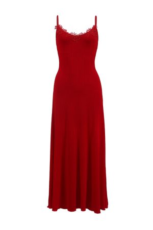 Red Lace Spaghetti Strap Dress - Fitted Waist, Long French Vacation Style with Built-In Chest Pad, Perfect for Summer Events