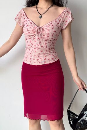 Red Mesh Half Skirt Summer Dress with Drape Detail - Self-Made European & American Style Bodycon Fashion