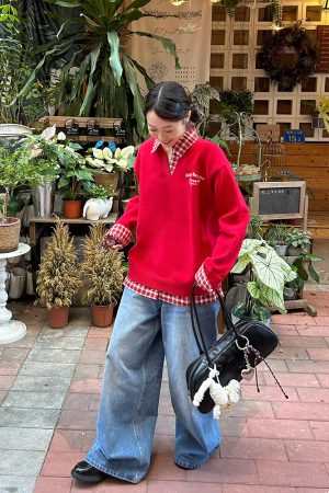 Red Plaid Polo Collar Fake Two-Piece Jacket - Chic Versatile Sweater for Autumn Winter - Y2K Inspired Fashion Style