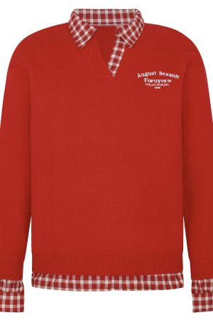 Red Plaid Polo Collar Fake Two-Piece Jacket - Chic Versatile Sweater for Autumn Winter - Y2K Inspired Fashion Style