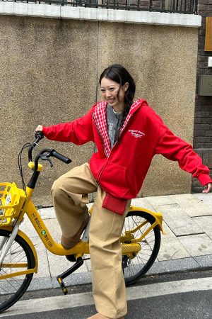 Red Plaid Spliced Slogan Loose Fleece Zipper Hoodie Jacket for Autumn Winter Y2K Style