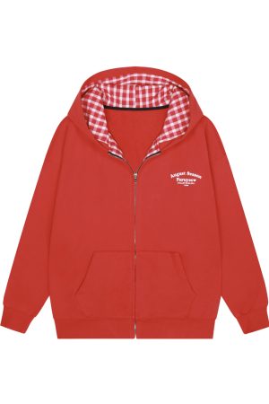 Red Plaid Spliced Slogan Loose Fleece Zipper Hoodie Jacket for Autumn Winter Y2K Style