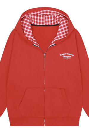 Red Plaid Spliced Slogan Loose Fleece Zipper Hoodie Jacket for Autumn Winter Y2K Style