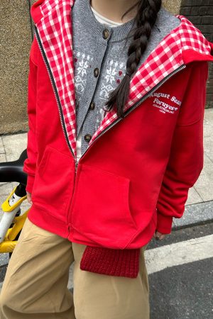 Red Plaid Spliced Slogan Loose Fleece Zipper Hoodie Jacket for Autumn Winter Y2K Style