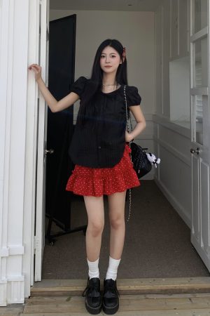 Red Polka Dot A-Line Skirt for Women - Waist-Defining Slimming Cake Puff Short Skirt - Trendy Y2K Style