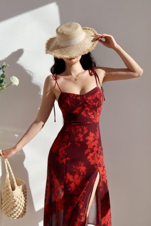 Red Printed High Slit Tie Strap Dress for Women - Sexy Waist-Defined Vacation Style, Perfect for Summer 2023