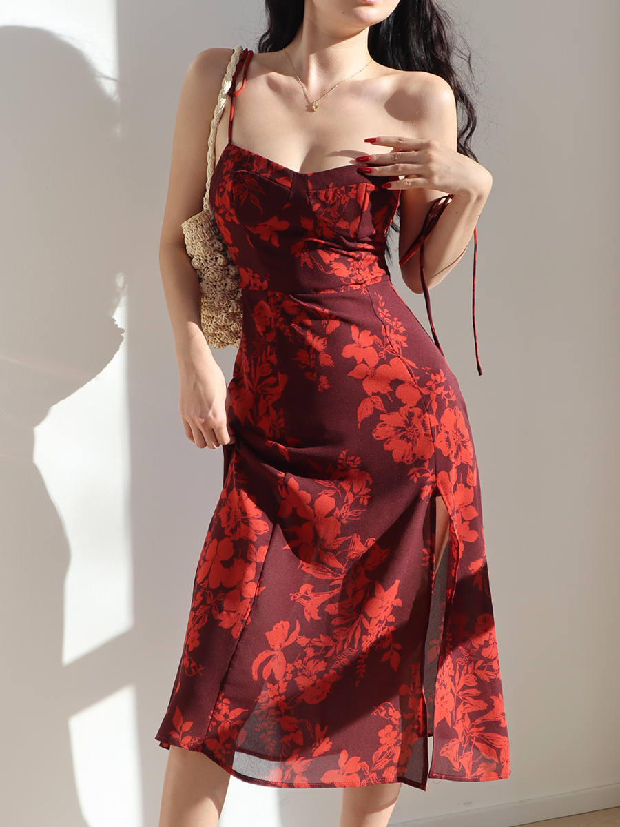 Red Printed High Slit Tie Strap Dress for Women - Sexy Waist-Defined Vacation Style, Perfect for Summer 2023 Red Printed High Slit Tie Strap Dress for Women - Sexy Waist-Defined Vacation Style, Perfect for Summer 2023