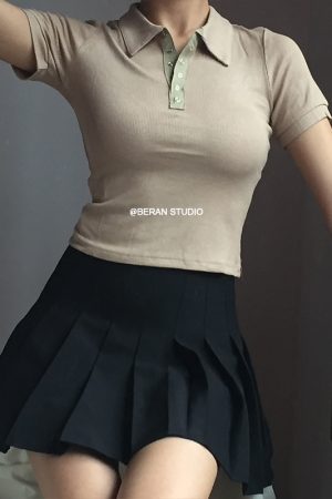 Retro Academy Collared Button Short Sleeve Ribbed Cotton T-Shirt â€“ Comfortable Solid Color Top for Casual 90s and Y2K Style