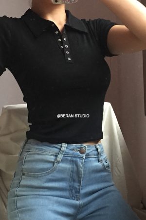 Retro Academy Collared Button Short Sleeve Ribbed Cotton T-Shirt â€“ Comfortable Solid Color Top for Casual 90s and Y2K Style