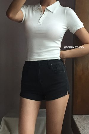 Retro Academy Collared Button Short Sleeve Ribbed Cotton T-Shirt â€“ Comfortable Solid Color Top for Casual 90s and Y2K Style