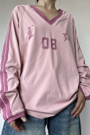 Retro American Oversized Jersey T-Shirt with Color Block Letters | Versatile Raglan Top for Casual Y2K Style