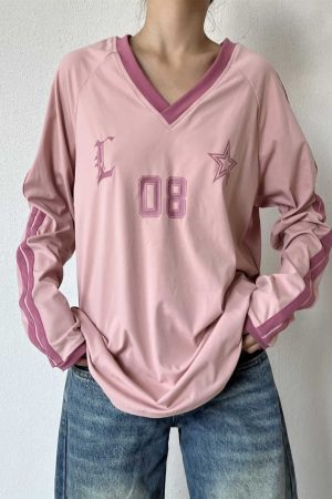 Retro American Oversized Jersey T-Shirt with Color Block Letters | Versatile Raglan Top for Casual Y2K Style