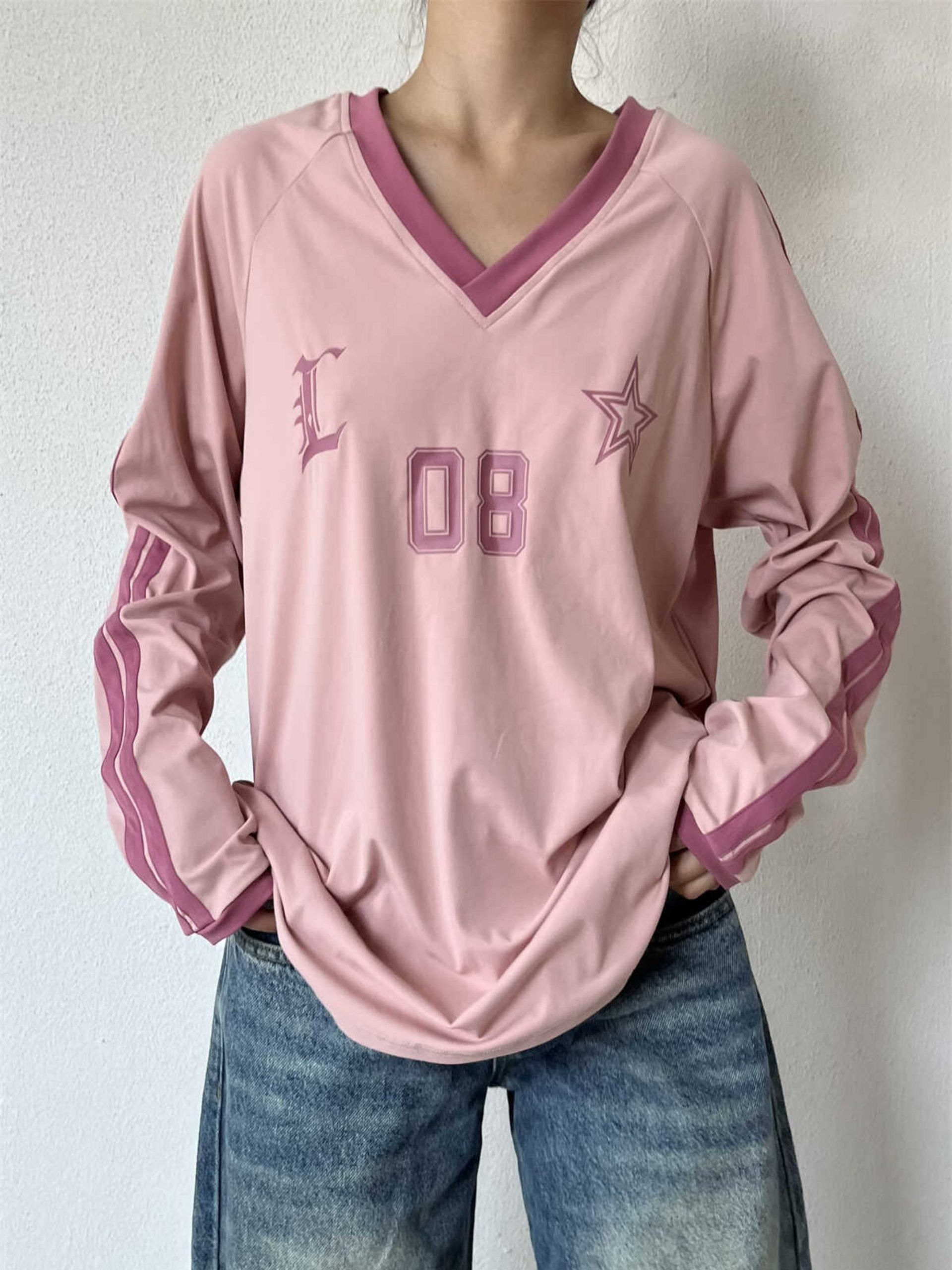 Retro American Oversized Jersey T-Shirt with Color Block Letters | Versatile Raglan Top for Casual Y2K Style Retro American Oversized Jersey T-Shirt with Color Block Letters | Versatile Raglan Top for Casual Y2K Style