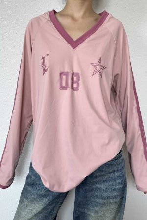 Retro American Oversized Jersey T-Shirt with Color Block Letters | Versatile Raglan Top for Casual Y2K Style