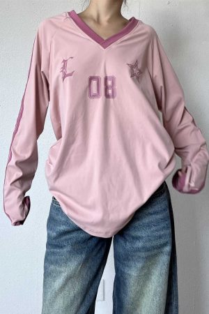 Retro American Oversized Jersey T-Shirt with Color Block Letters | Versatile Raglan Top for Casual Y2K Style