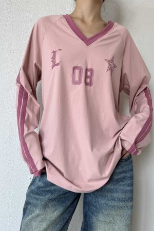 Retro American Oversized Jersey T-Shirt with Color Block Letters | Versatile Raglan Top for Casual Y2K Style