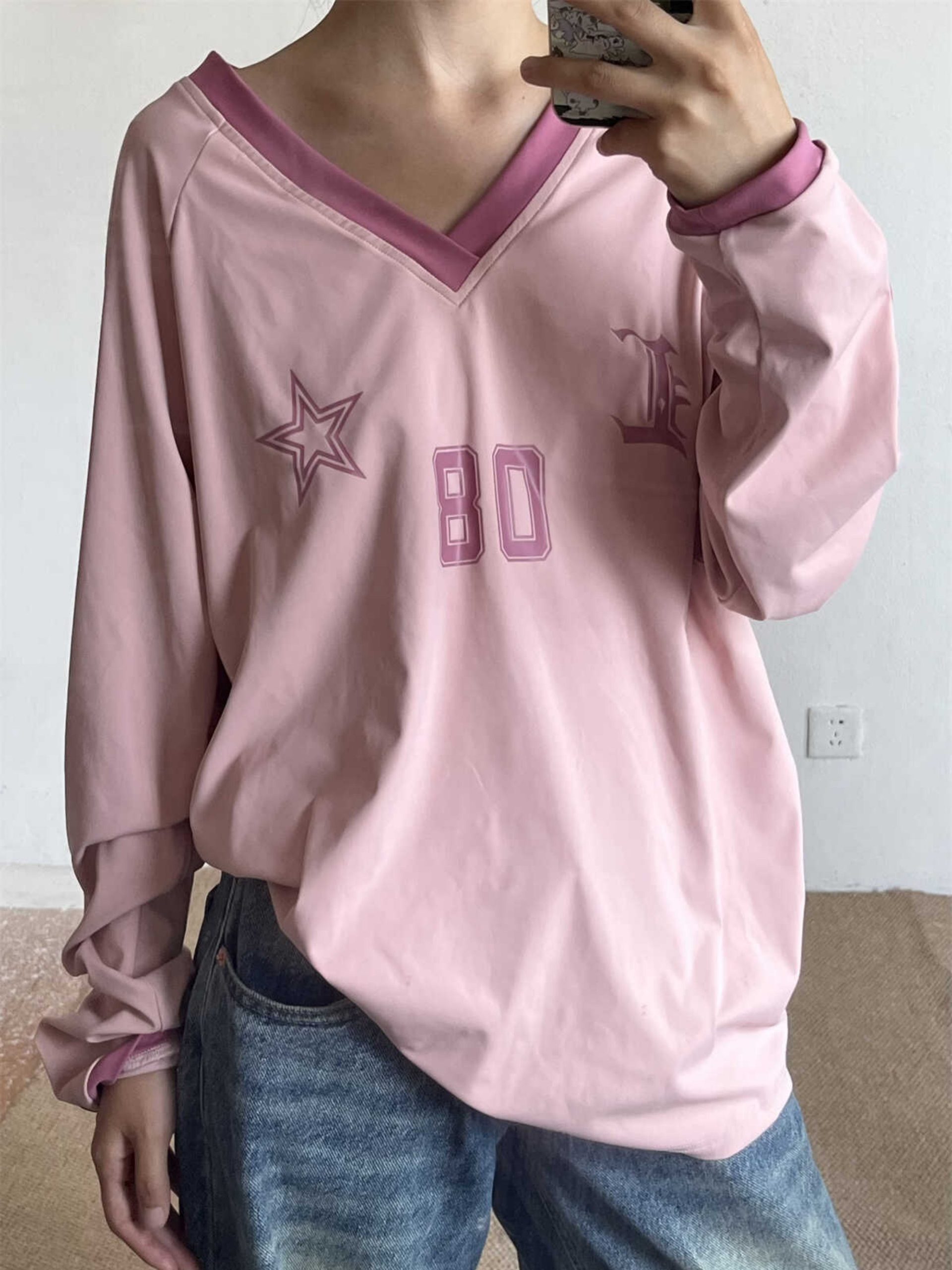 Retro American Oversized Jersey T-Shirt with Color Block Letters | Versatile Raglan Top for Casual Y2K Style Retro American Oversized Jersey T-Shirt with Color Block Letters | Versatile Raglan Top for Casual Y2K Style