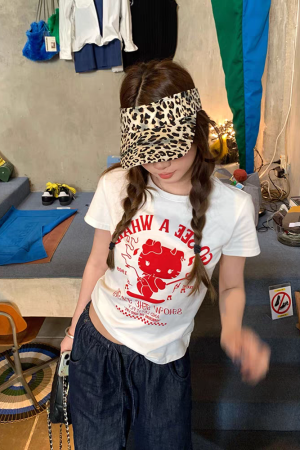 Retro American Short Sleeve Little Devil Kitty Print Round Neck Slim Fit Top for Women - Quirky Versatile Style