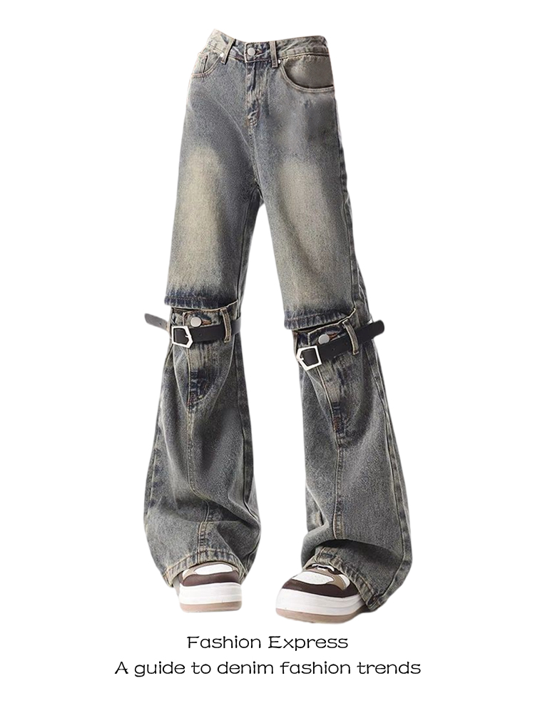 Retro American-Style Ripped Flared Jeans for Women with Unique Belt Splicing - Vintage Wasteland Fashion Pants Retro American-Style Ripped Flared Jeans for Women with Unique Belt Splicing - Vintage Wasteland Fashion Pants