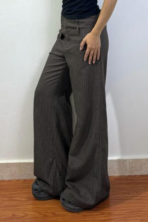 Retro Asymmetrical Pocket Striped Wide-Leg Pants for Women - Vintage British Style Loose Fit Straight-Leg Trousers