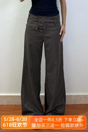 Retro Asymmetrical Pocket Striped Wide-Leg Pants for Women - Vintage British Style Loose Fit Straight-Leg Trousers