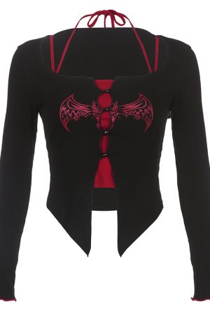 Retro Black and Red Color-Block Bat Print Two-Piece Set for Women with Irregular Hem and Camisole Top - European American Style