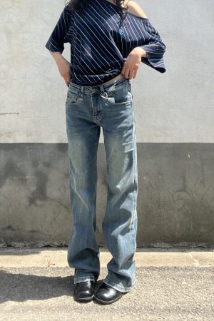 Retro Blue Low-Waist Slim Fit Jeans for Women - Vintage Embroidered American Style, Spring 2025 Fashion