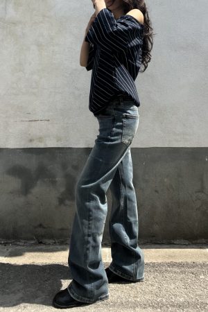 Retro Blue Low-Waist Slim Fit Jeans for Women - Vintage Embroidered American Style, Spring 2025 Fashion