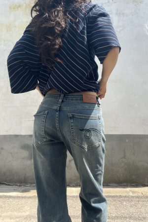 Retro Blue Low-Waist Slim Fit Jeans for Women - Vintage Embroidered American Style, Spring 2025 Fashion
