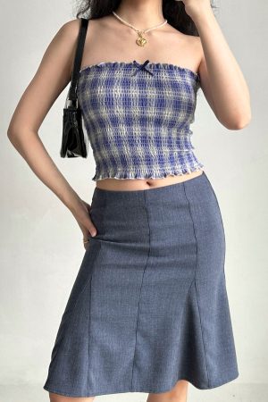 Retro Blue Plaid Strapless Summer Top for Women - Sleeveless 90s Style Outfit for Hot Girls
