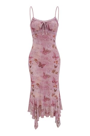 Retro Butterfly Print Camisole Dress with Irregular Lace Waist - Self-Made European American Style, Y2K Aesthetic, Short Skirt