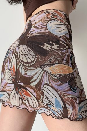 Retro Butterfly Print Mesh High-Waisted Bodycon Mini Skirt for Women, DIY European American Style Summer Fashion